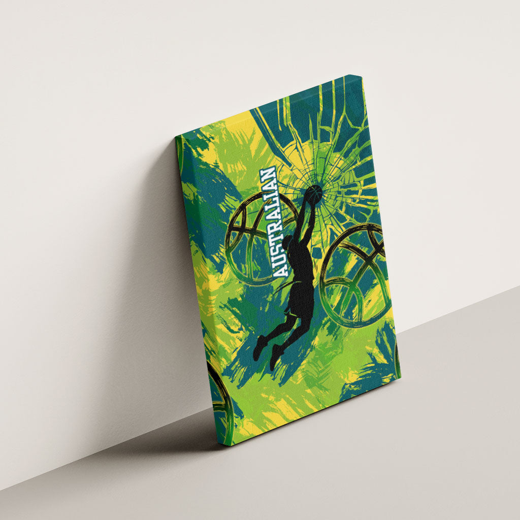 Australian Boomers Basketball Canvas Wall Art Shattered Glass Effect With Flaming Ball And Grunge Brushstrokes