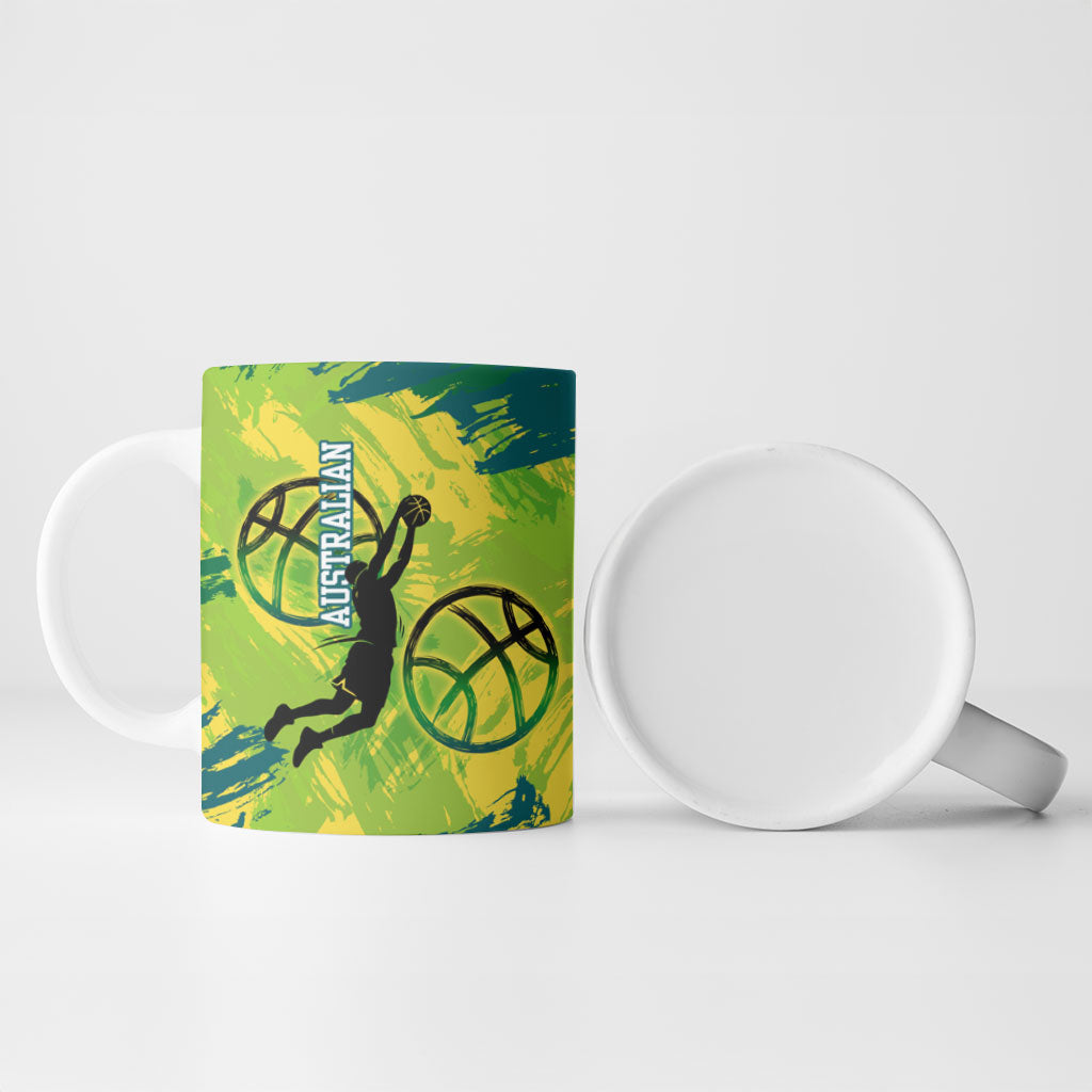 Australian Boomers Basketball Ceramic Mug Shattered Glass Effect With Flaming Ball And Grunge Brushstrokes