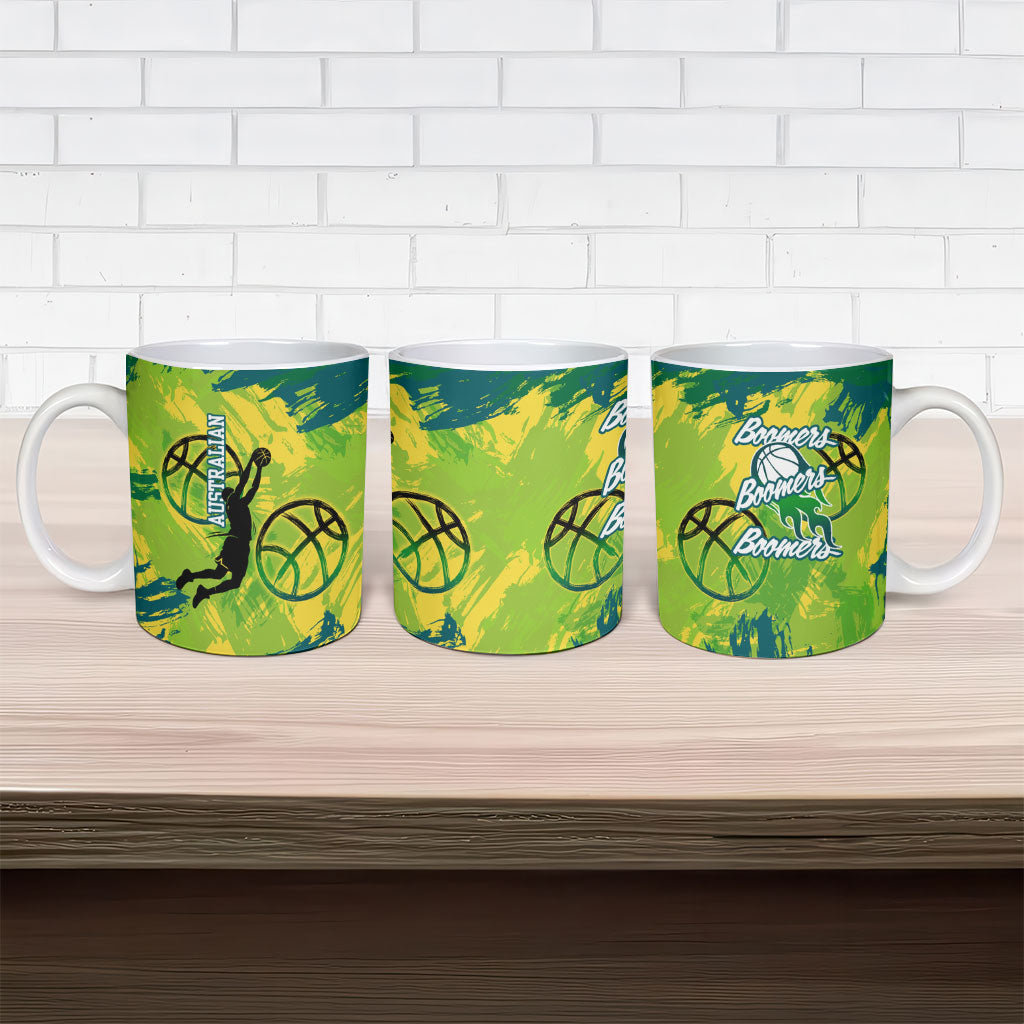 Australian Boomers Basketball Ceramic Mug Shattered Glass Effect With Flaming Ball And Grunge Brushstrokes