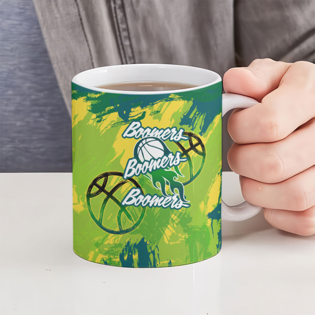 Australian Boomers Basketball Ceramic Mug Shattered Glass Effect With Flaming Ball And Grunge Brushstrokes