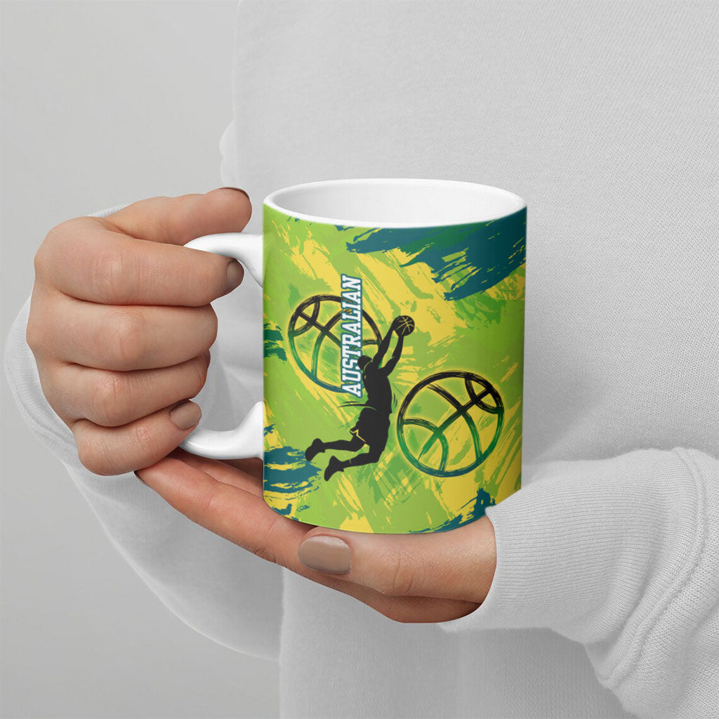 Australian Boomers Basketball Ceramic Mug Shattered Glass Effect With Flaming Ball And Grunge Brushstrokes
