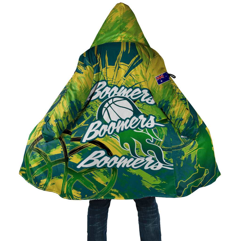 Australian Boomers Basketball Cloak Shattered Glass Effect With Flaming Ball And Grunge Brushstrokes