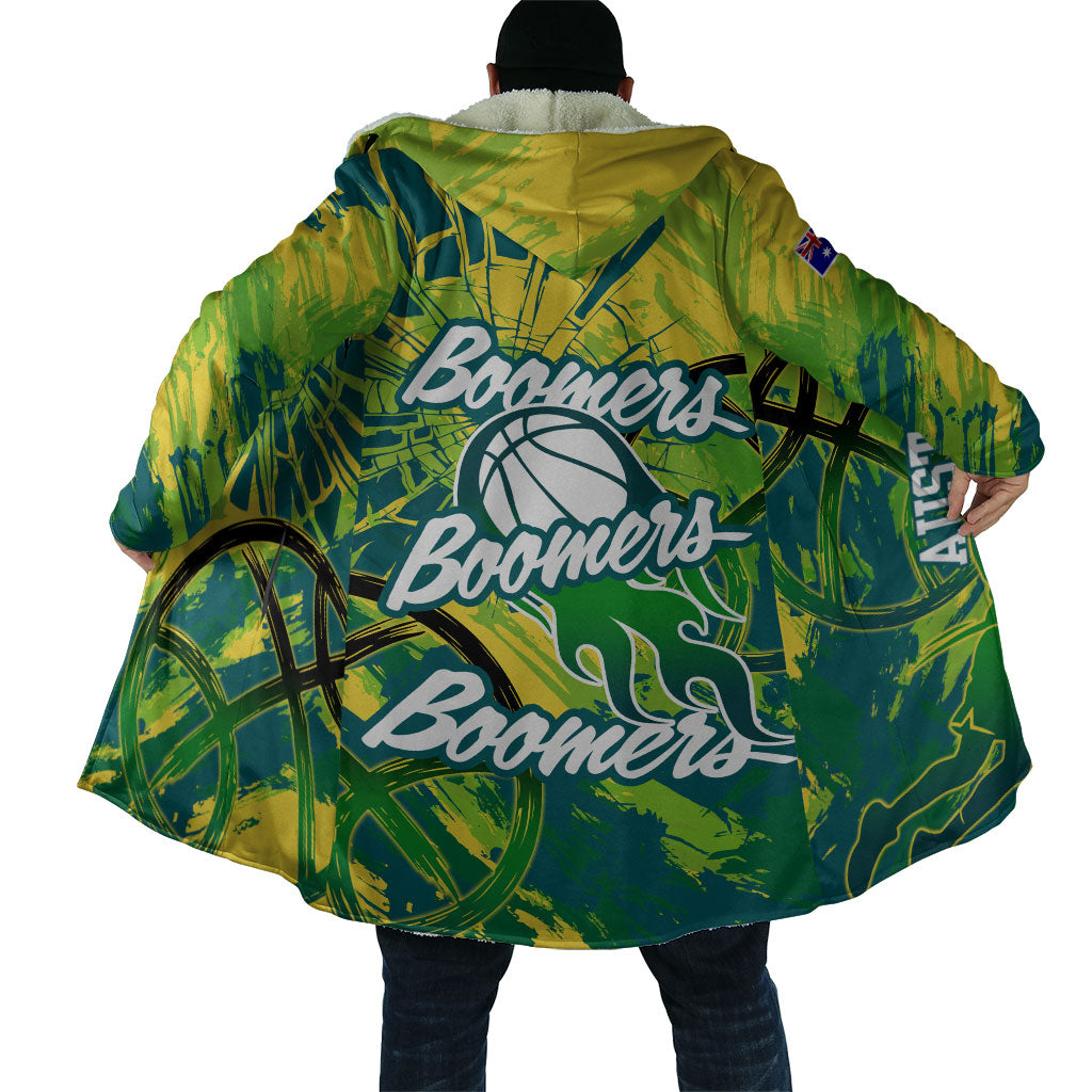 Australian Boomers Basketball Cloak Shattered Glass Effect With Flaming Ball And Grunge Brushstrokes