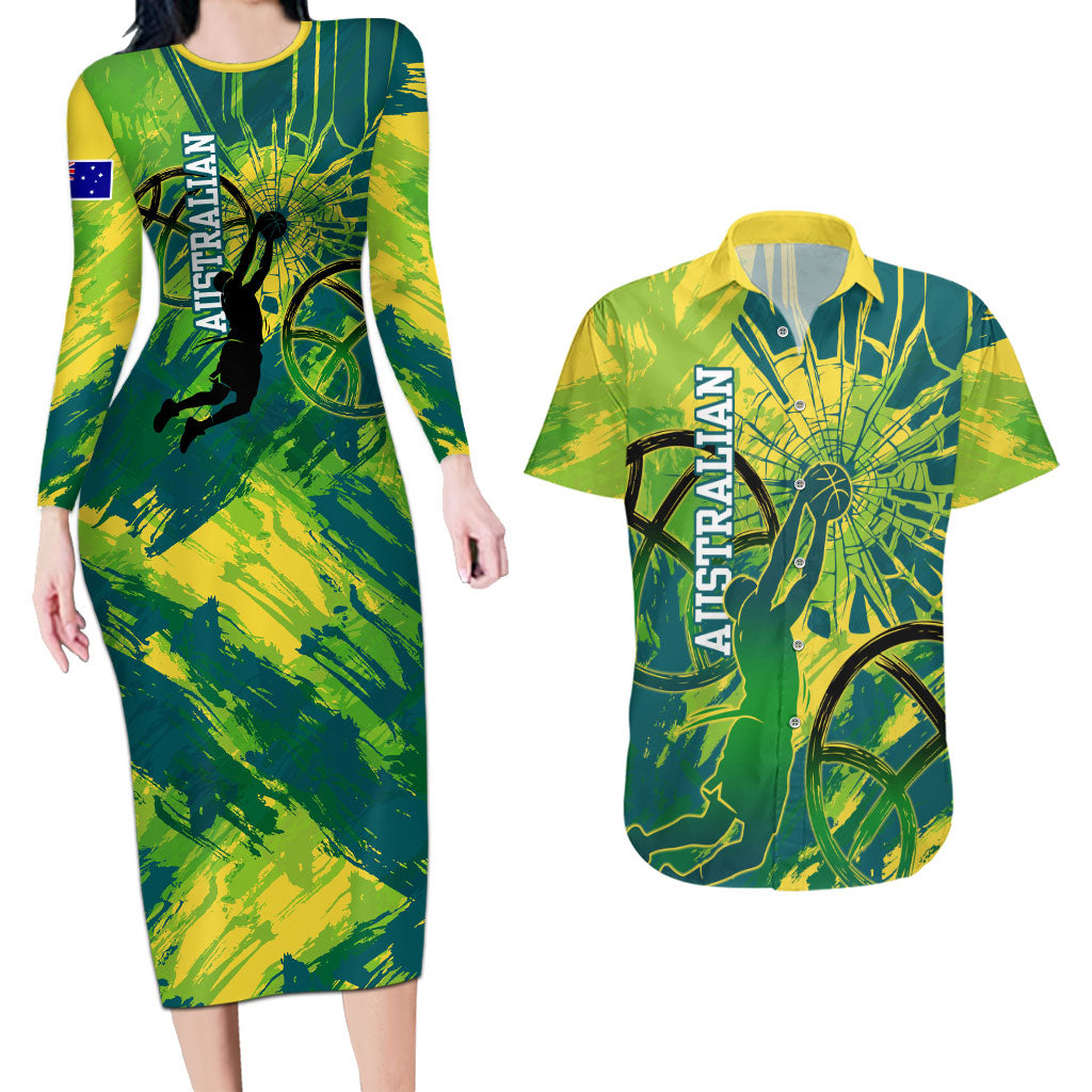 Australian Boomers Basketball Couples Matching Long Sleeve Bodycon Dress and Hawaiian Shirt Shattered Glass Effect With Flaming Ball And Grunge Brushstrokes
