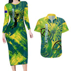 Australian Boomers Basketball Couples Matching Long Sleeve Bodycon Dress and Hawaiian Shirt Shattered Glass Effect With Flaming Ball And Grunge Brushstrokes