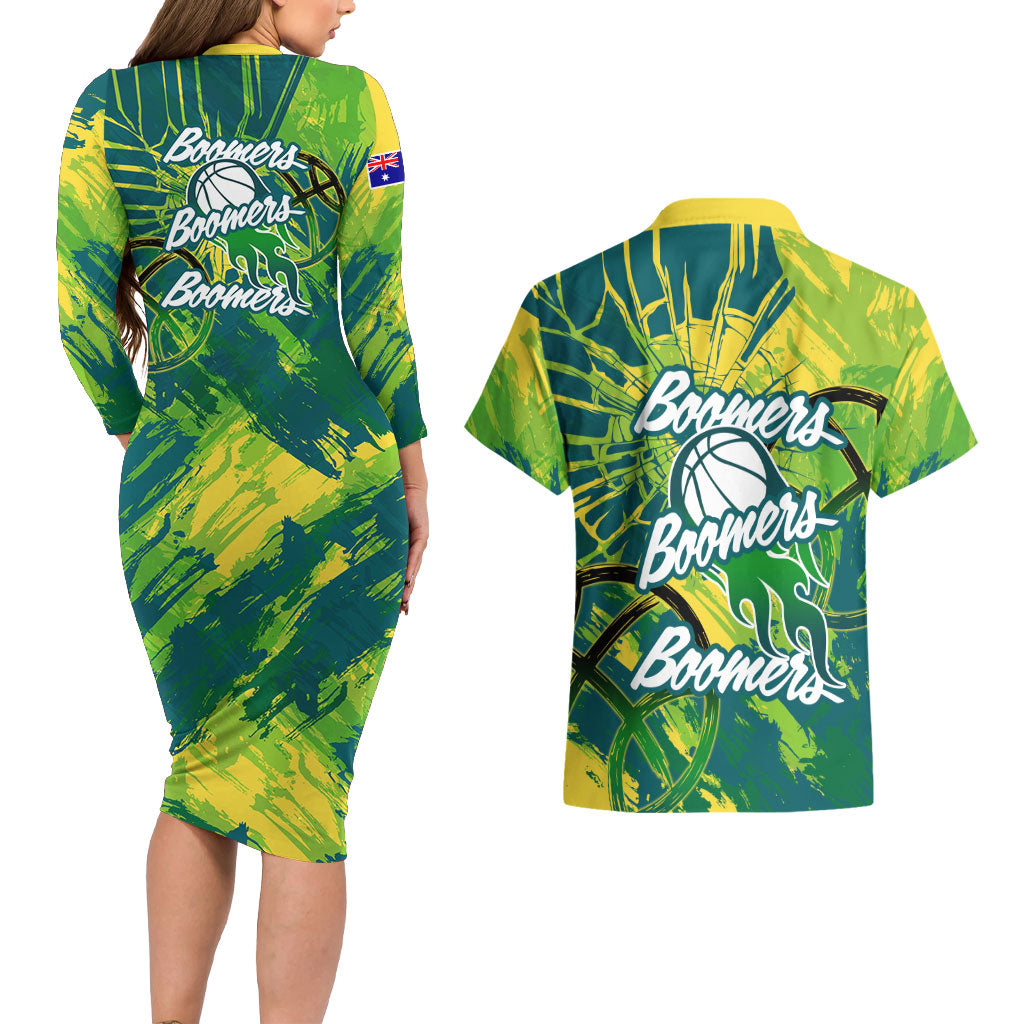 Australian Boomers Basketball Couples Matching Long Sleeve Bodycon Dress and Hawaiian Shirt Shattered Glass Effect With Flaming Ball And Grunge Brushstrokes