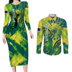 Australian Boomers Basketball Couples Matching Long Sleeve Bodycon Dress and Long Sleeve Button Shirt Shattered Glass Effect With Flaming Ball And Grunge Brushstrokes