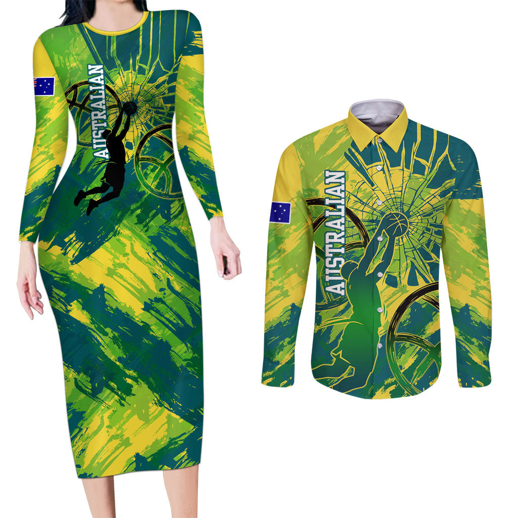 Australian Boomers Basketball Couples Matching Long Sleeve Bodycon Dress and Long Sleeve Button Shirt Shattered Glass Effect With Flaming Ball And Grunge Brushstrokes