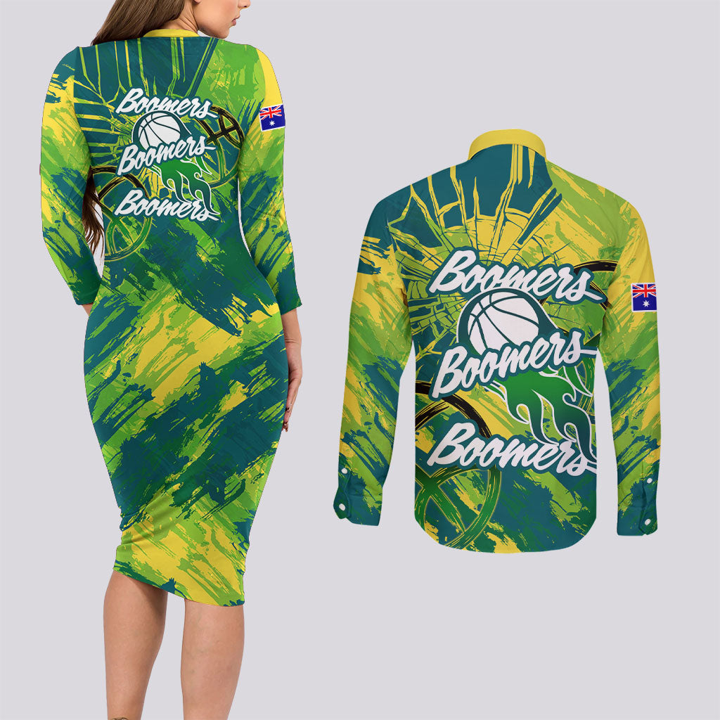Australian Boomers Basketball Couples Matching Long Sleeve Bodycon Dress and Long Sleeve Button Shirt Shattered Glass Effect With Flaming Ball And Grunge Brushstrokes