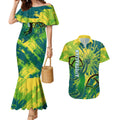 Australian Boomers Basketball Couples Matching Mermaid Dress and Hawaiian Shirt Shattered Glass Effect With Flaming Ball And Grunge Brushstrokes