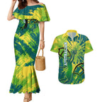 Australian Boomers Basketball Couples Matching Mermaid Dress and Hawaiian Shirt Shattered Glass Effect With Flaming Ball And Grunge Brushstrokes