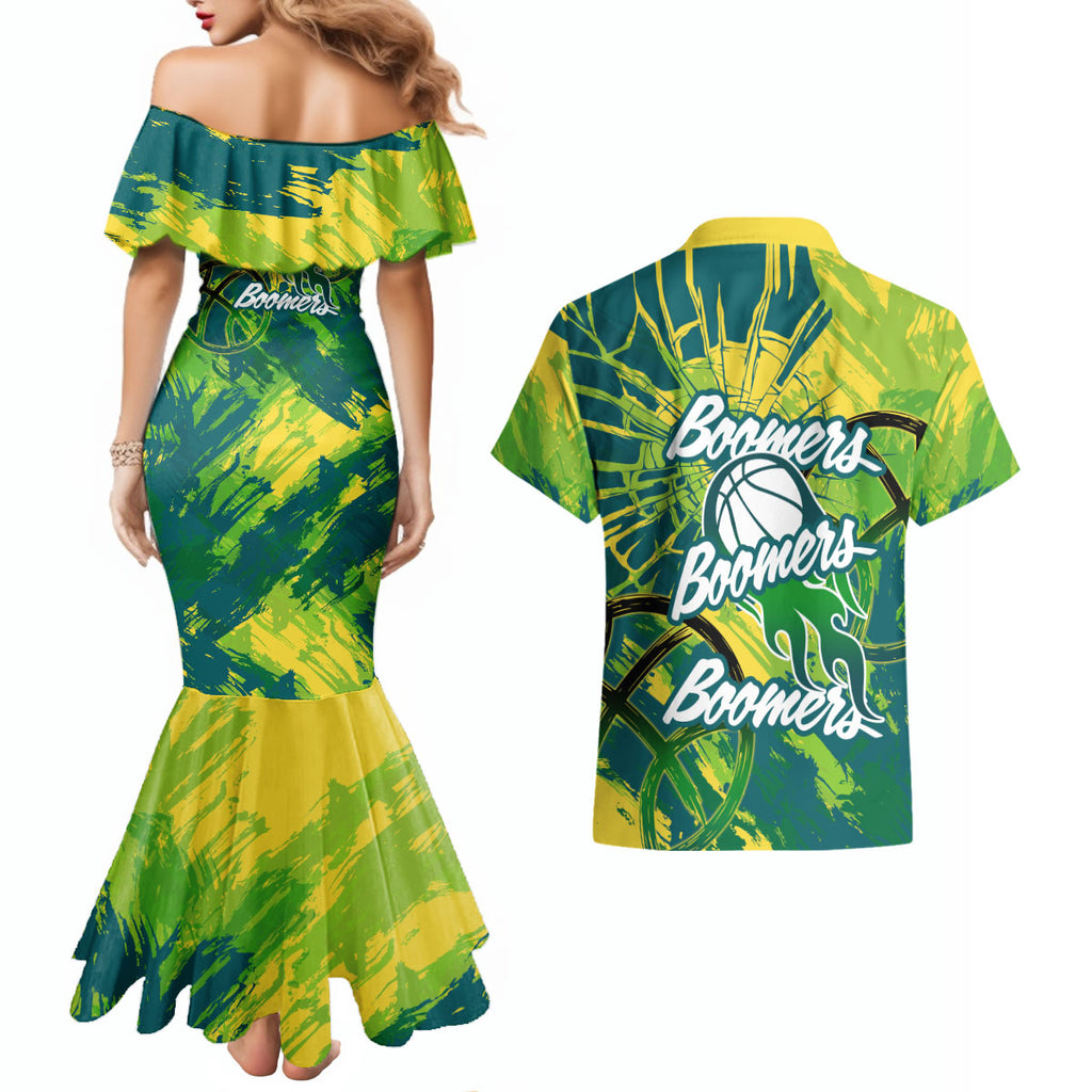 Australian Boomers Basketball Couples Matching Mermaid Dress and Hawaiian Shirt Shattered Glass Effect With Flaming Ball And Grunge Brushstrokes