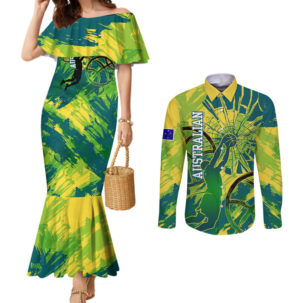 Australian Boomers Basketball Couples Matching Mermaid Dress and Long Sleeve Button Shirt Shattered Glass Effect With Flaming Ball And Grunge Brushstrokes