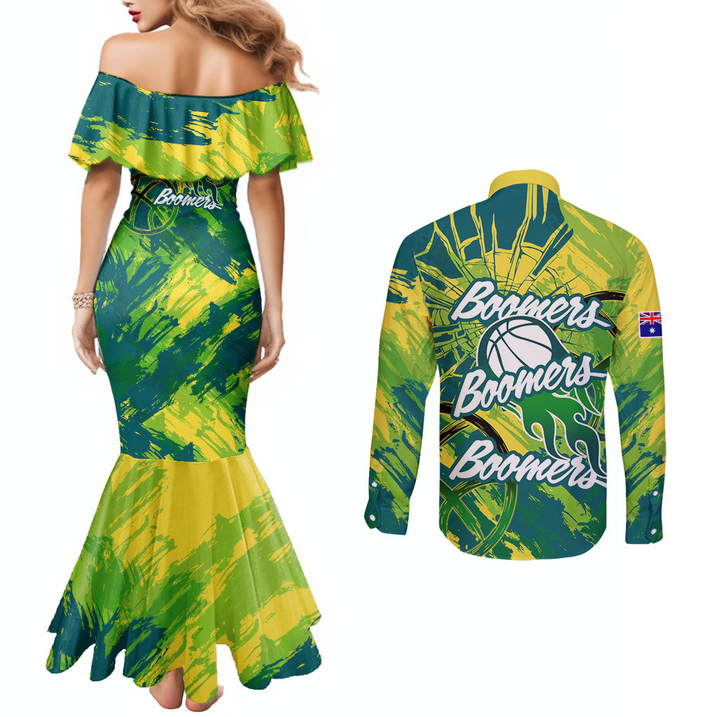 Australian Boomers Basketball Couples Matching Mermaid Dress and Long Sleeve Button Shirt Shattered Glass Effect With Flaming Ball And Grunge Brushstrokes