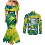 Australian Boomers Basketball Couples Matching Mermaid Dress and Long Sleeve Button Shirt Shattered Glass Effect With Flaming Ball And Grunge Brushstrokes