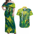 Australian Boomers Basketball Couples Matching Off Shoulder Maxi Dress and Hawaiian Shirt Shattered Glass Effect With Flaming Ball And Grunge Brushstrokes