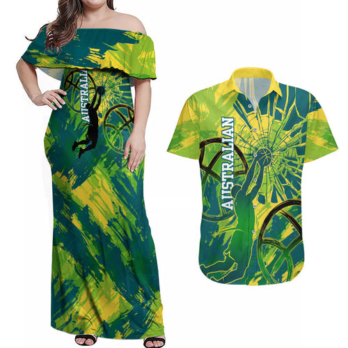 Australian Boomers Basketball Couples Matching Off Shoulder Maxi Dress and Hawaiian Shirt Shattered Glass Effect With Flaming Ball And Grunge Brushstrokes