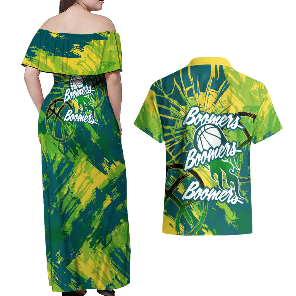 Australian Boomers Basketball Couples Matching Off Shoulder Maxi Dress and Hawaiian Shirt Shattered Glass Effect With Flaming Ball And Grunge Brushstrokes