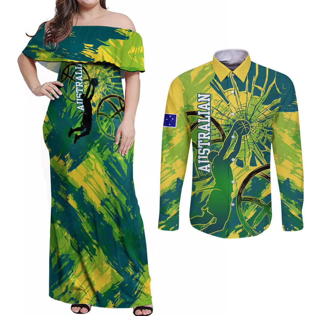 Australian Boomers Basketball Couples Matching Off Shoulder Maxi Dress and Long Sleeve Button Shirt Shattered Glass Effect With Flaming Ball And Grunge Brushstrokes