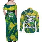 Australian Boomers Basketball Couples Matching Off Shoulder Maxi Dress and Long Sleeve Button Shirt Shattered Glass Effect With Flaming Ball And Grunge Brushstrokes