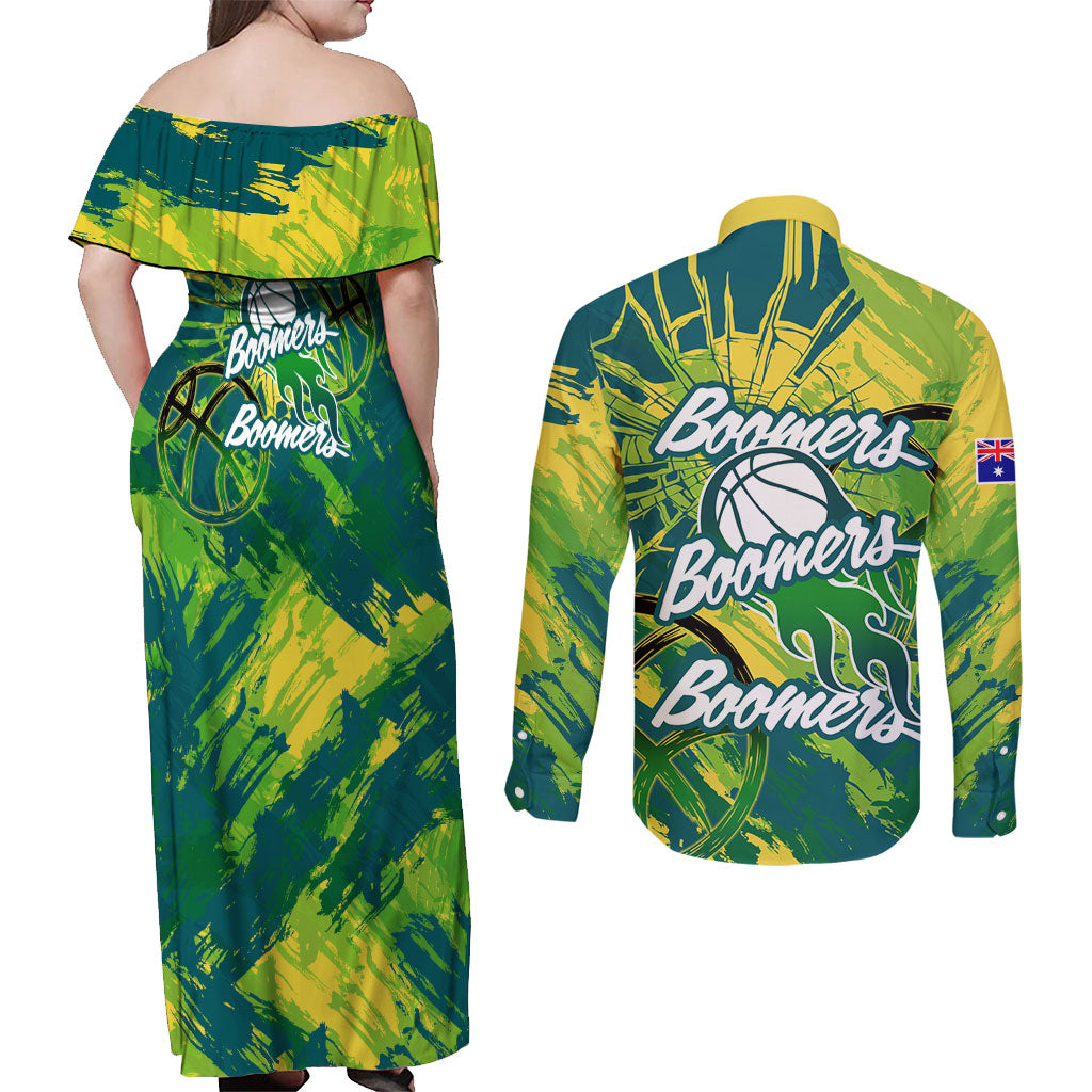 Australian Boomers Basketball Couples Matching Off Shoulder Maxi Dress and Long Sleeve Button Shirt Shattered Glass Effect With Flaming Ball And Grunge Brushstrokes
