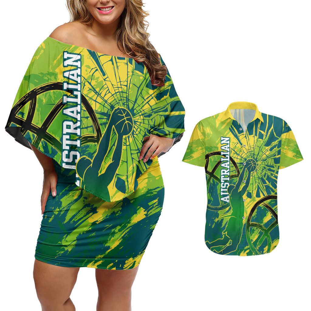Australian Boomers Basketball Couples Matching Off Shoulder Short Dress and Hawaiian Shirt Shattered Glass Effect With Flaming Ball And Grunge Brushstrokes