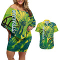 Australian Boomers Basketball Couples Matching Off Shoulder Short Dress and Hawaiian Shirt Shattered Glass Effect With Flaming Ball And Grunge Brushstrokes