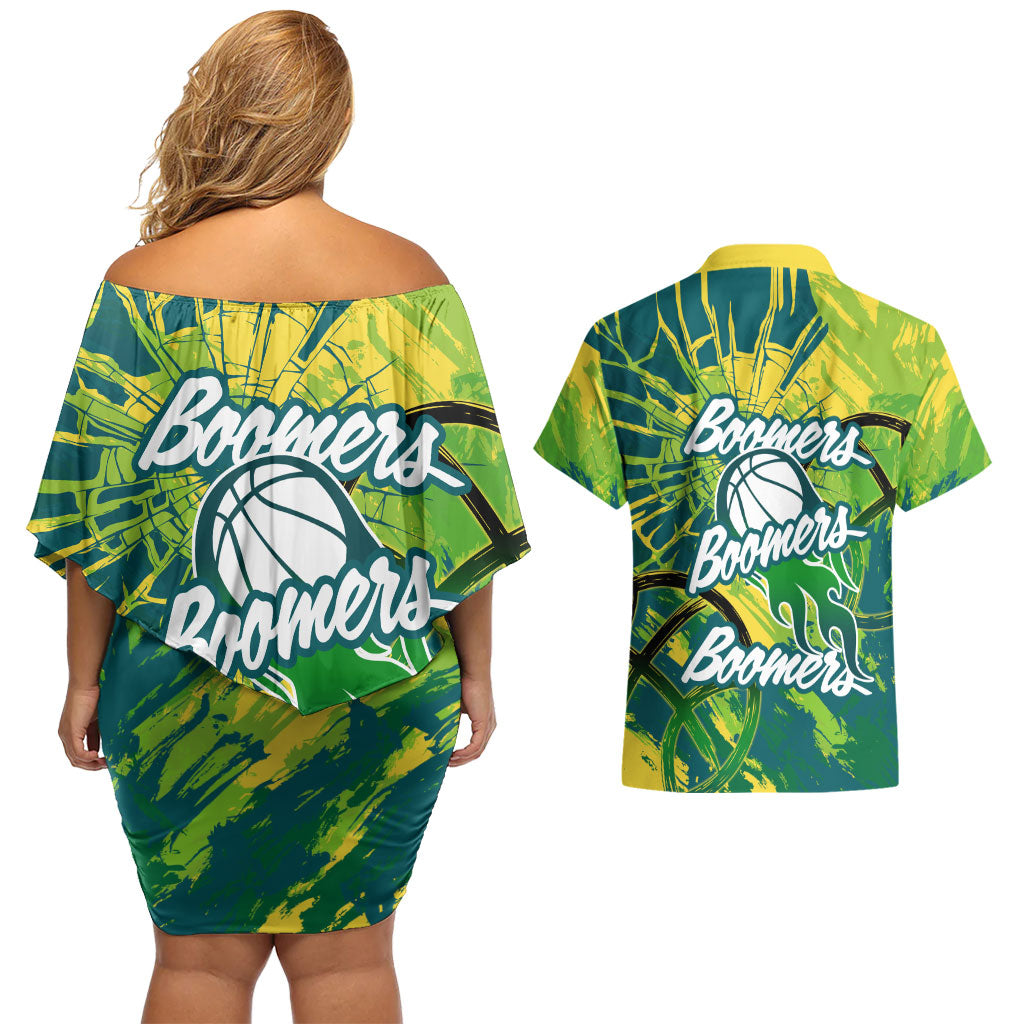 Australian Boomers Basketball Couples Matching Off Shoulder Short Dress and Hawaiian Shirt Shattered Glass Effect With Flaming Ball And Grunge Brushstrokes