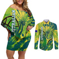 Australian Boomers Basketball Couples Matching Off Shoulder Short Dress and Long Sleeve Button Shirt Shattered Glass Effect With Flaming Ball And Grunge Brushstrokes