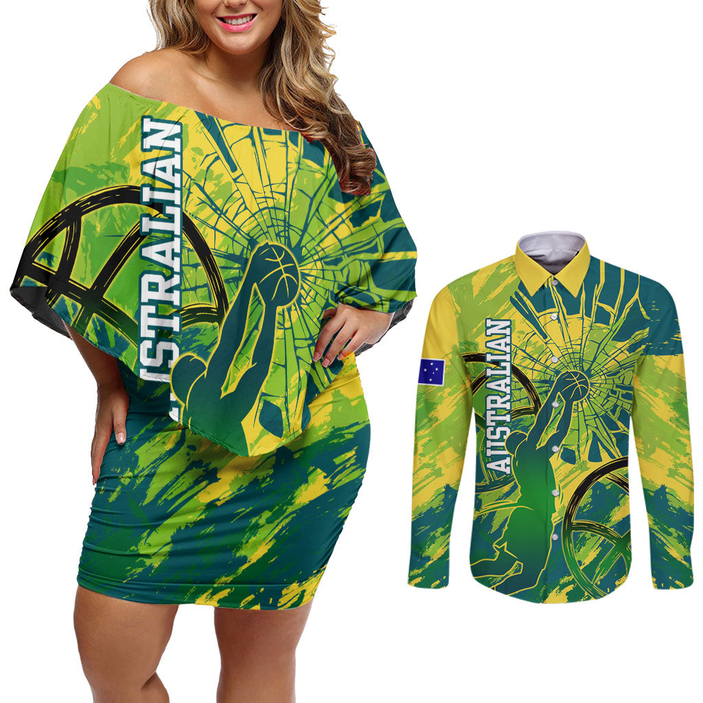 Australian Boomers Basketball Couples Matching Off Shoulder Short Dress and Long Sleeve Button Shirt Shattered Glass Effect With Flaming Ball And Grunge Brushstrokes