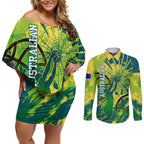 Australian Boomers Basketball Couples Matching Off Shoulder Short Dress and Long Sleeve Button Shirt Shattered Glass Effect With Flaming Ball And Grunge Brushstrokes