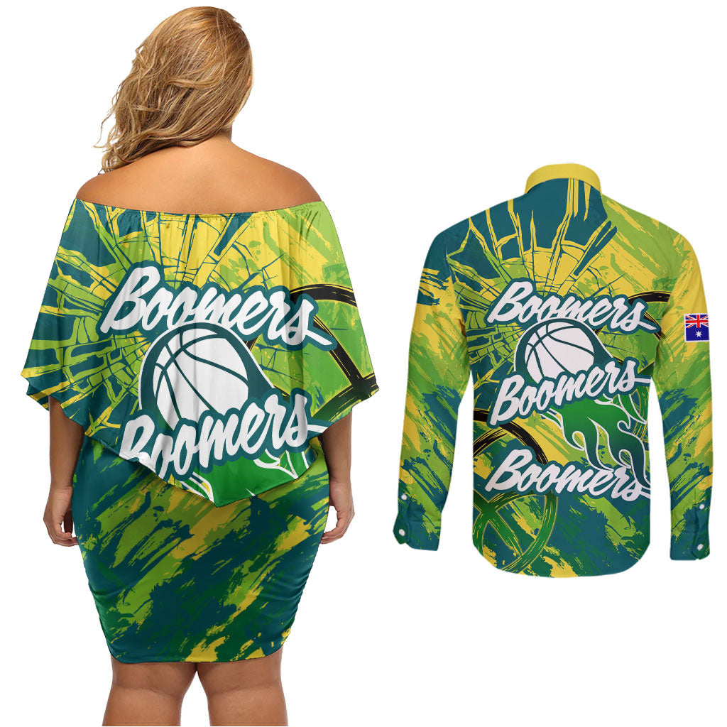 Australian Boomers Basketball Couples Matching Off Shoulder Short Dress and Long Sleeve Button Shirt Shattered Glass Effect With Flaming Ball And Grunge Brushstrokes