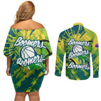 Australian Boomers Basketball Couples Matching Off Shoulder Short Dress and Long Sleeve Button Shirt Shattered Glass Effect With Flaming Ball And Grunge Brushstrokes