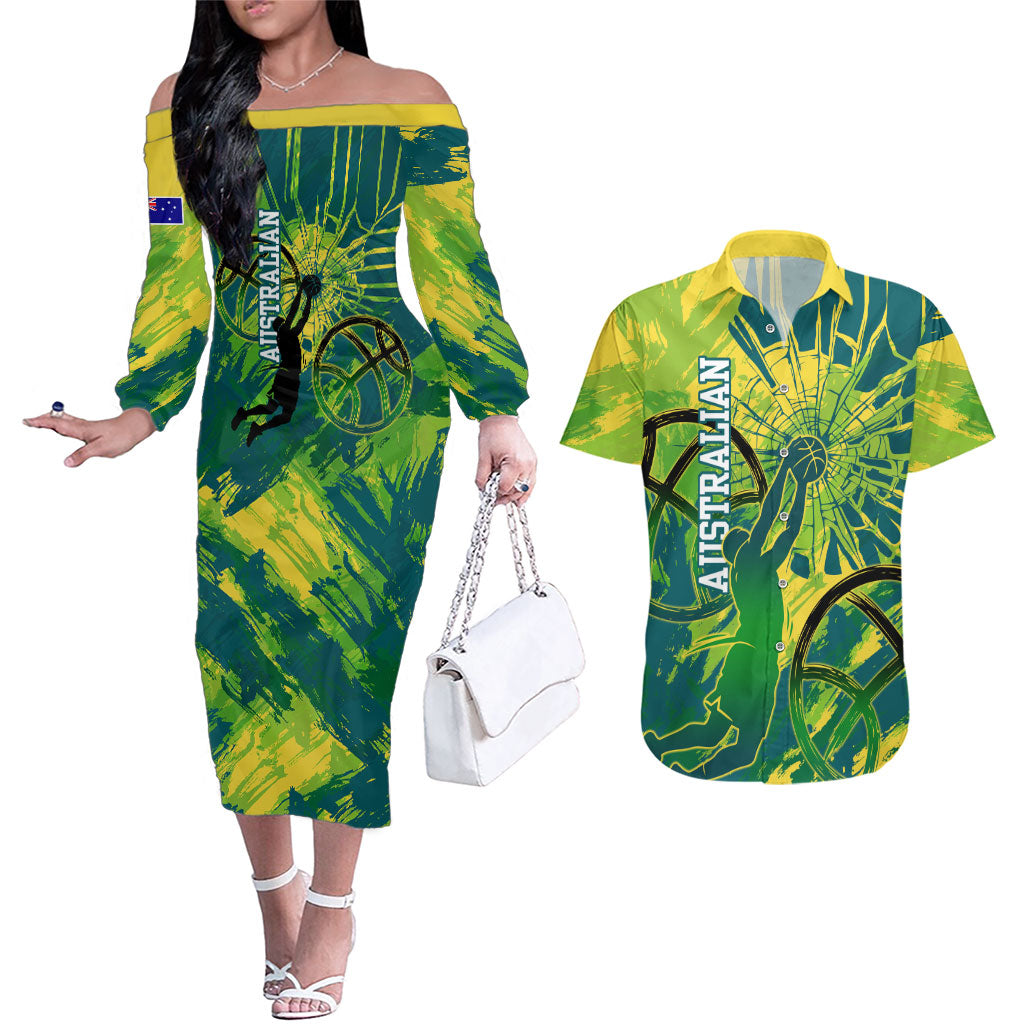 Australian Boomers Basketball Couples Matching Off The Shoulder Long Sleeve Dress and Hawaiian Shirt Shattered Glass Effect With Flaming Ball And Grunge Brushstrokes