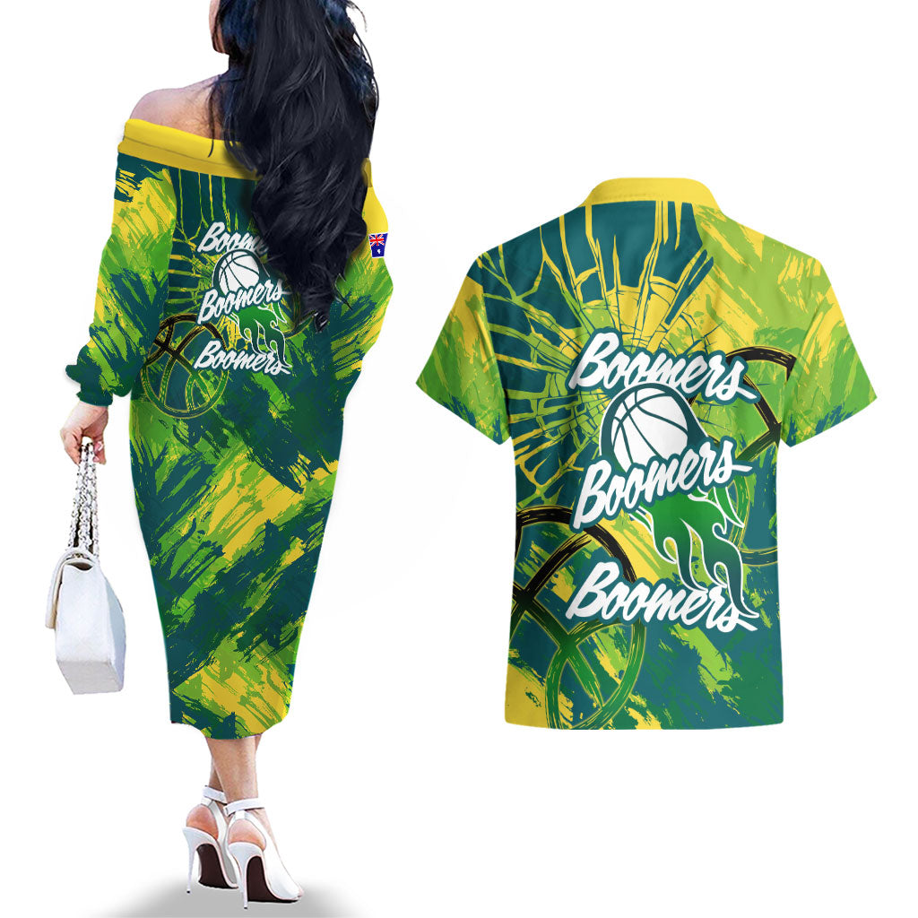 Australian Boomers Basketball Couples Matching Off The Shoulder Long Sleeve Dress and Hawaiian Shirt Shattered Glass Effect With Flaming Ball And Grunge Brushstrokes