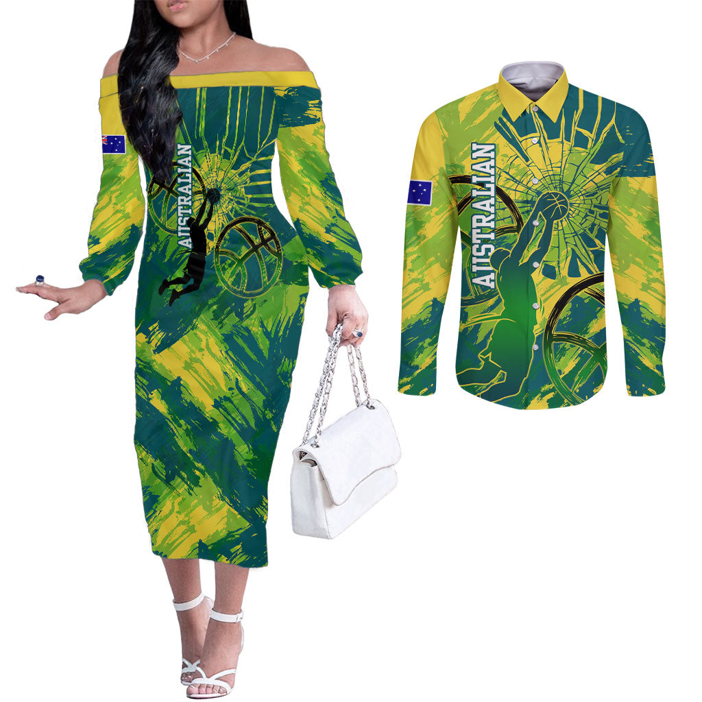 Australian Boomers Basketball Couples Matching Off The Shoulder Long Sleeve Dress and Long Sleeve Button Shirt Shattered Glass Effect With Flaming Ball And Grunge Brushstrokes