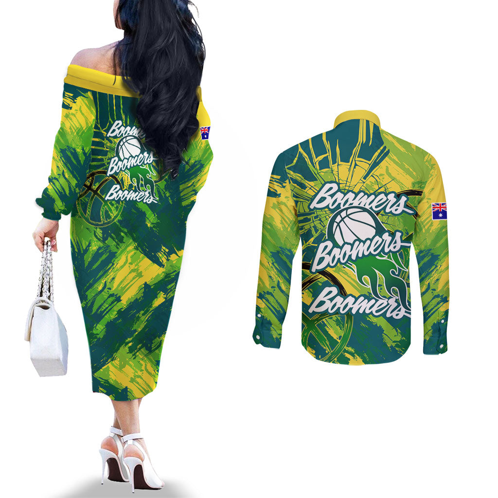 Australian Boomers Basketball Couples Matching Off The Shoulder Long Sleeve Dress and Long Sleeve Button Shirt Shattered Glass Effect With Flaming Ball And Grunge Brushstrokes