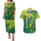 Australian Boomers Basketball Couples Matching Puletasi and Hawaiian Shirt Shattered Glass Effect With Flaming Ball And Grunge Brushstrokes