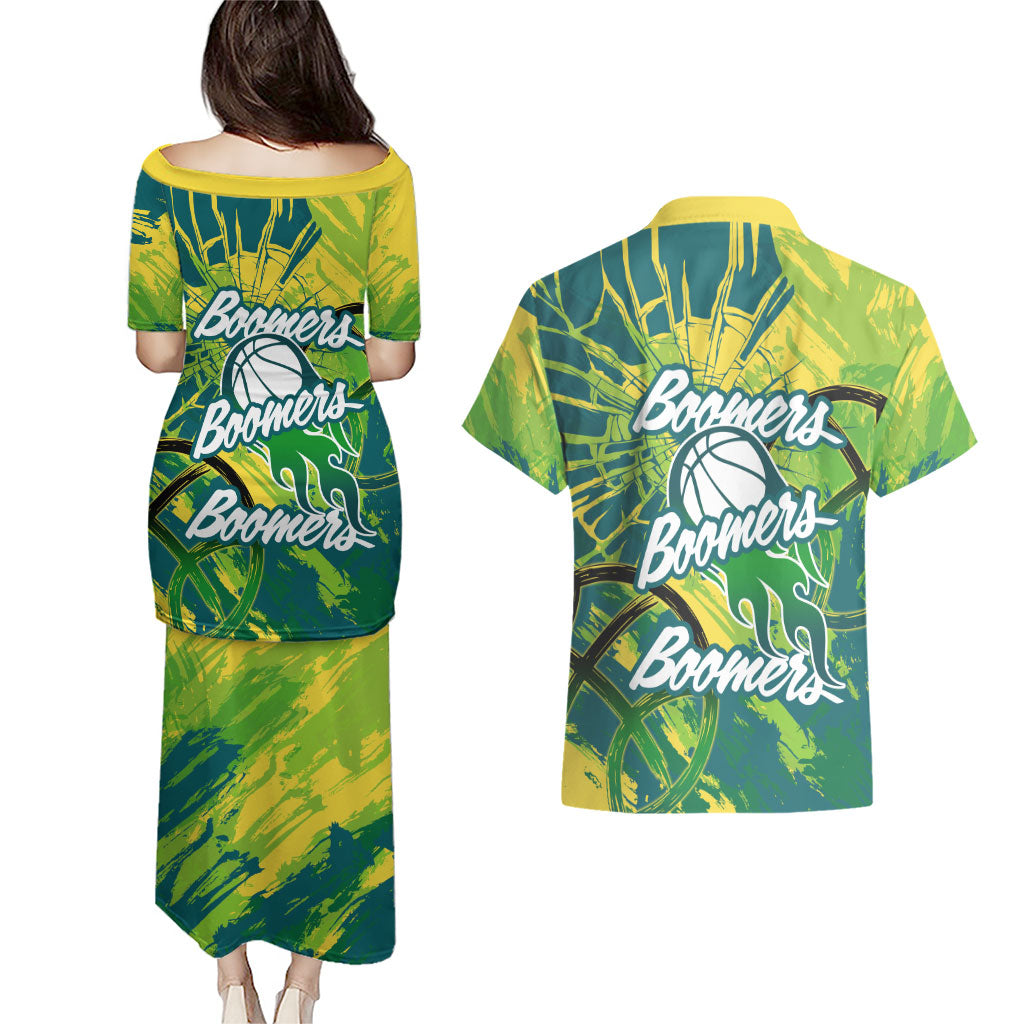 Australian Boomers Basketball Couples Matching Puletasi and Hawaiian Shirt Shattered Glass Effect With Flaming Ball And Grunge Brushstrokes