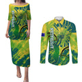 Australian Boomers Basketball Couples Matching Puletasi and Long Sleeve Button Shirt Shattered Glass Effect With Flaming Ball And Grunge Brushstrokes
