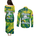 Australian Boomers Basketball Couples Matching Puletasi and Long Sleeve Button Shirt Shattered Glass Effect With Flaming Ball And Grunge Brushstrokes