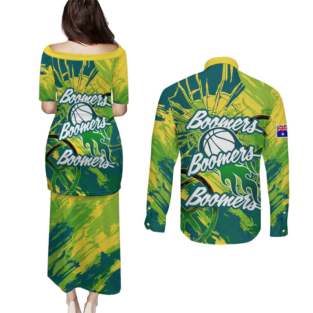 Australian Boomers Basketball Couples Matching Puletasi and Long Sleeve Button Shirt Shattered Glass Effect With Flaming Ball And Grunge Brushstrokes