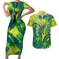 Australian Boomers Basketball Couples Matching Short Sleeve Bodycon Dress and Hawaiian Shirt Shattered Glass Effect With Flaming Ball And Grunge Brushstrokes