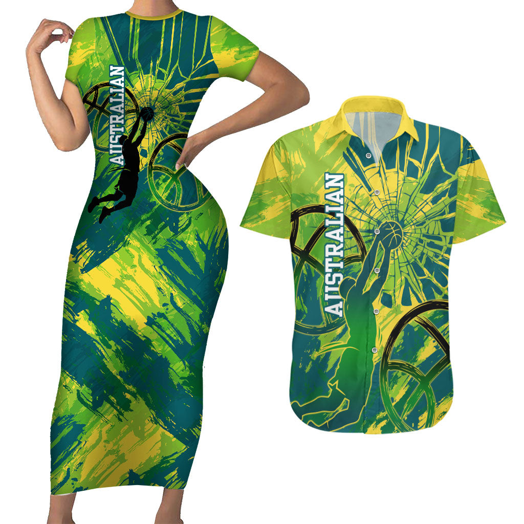 Australian Boomers Basketball Couples Matching Short Sleeve Bodycon Dress and Hawaiian Shirt Shattered Glass Effect With Flaming Ball And Grunge Brushstrokes