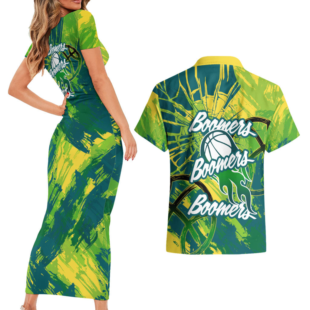 Australian Boomers Basketball Couples Matching Short Sleeve Bodycon Dress and Hawaiian Shirt Shattered Glass Effect With Flaming Ball And Grunge Brushstrokes