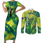 Australian Boomers Basketball Couples Matching Short Sleeve Bodycon Dress and Long Sleeve Button Shirt Shattered Glass Effect With Flaming Ball And Grunge Brushstrokes