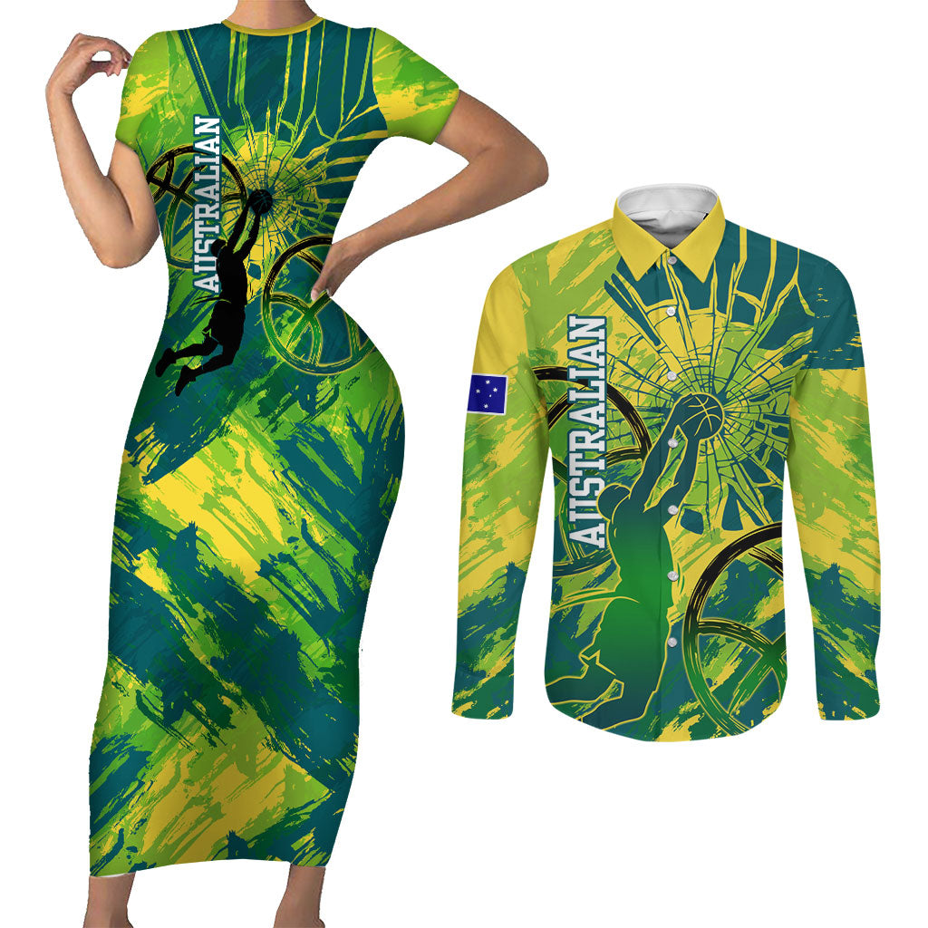 Australian Boomers Basketball Couples Matching Short Sleeve Bodycon Dress and Long Sleeve Button Shirt Shattered Glass Effect With Flaming Ball And Grunge Brushstrokes