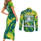 Australian Boomers Basketball Couples Matching Short Sleeve Bodycon Dress and Long Sleeve Button Shirt Shattered Glass Effect With Flaming Ball And Grunge Brushstrokes