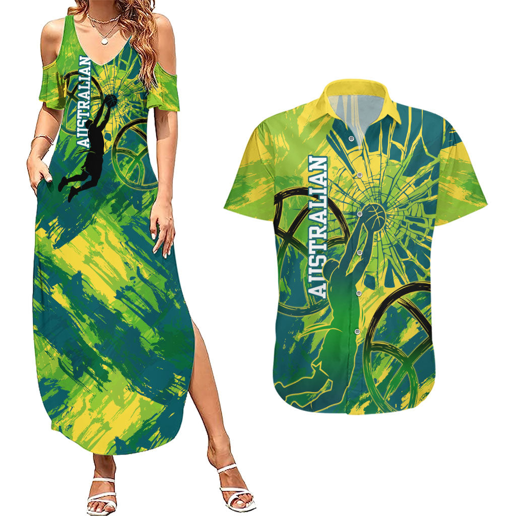 Australian Boomers Basketball Couples Matching Summer Maxi Dress and Hawaiian Shirt Shattered Glass Effect With Flaming Ball And Grunge Brushstrokes