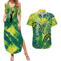 Australian Boomers Basketball Couples Matching Summer Maxi Dress and Hawaiian Shirt Shattered Glass Effect With Flaming Ball And Grunge Brushstrokes
